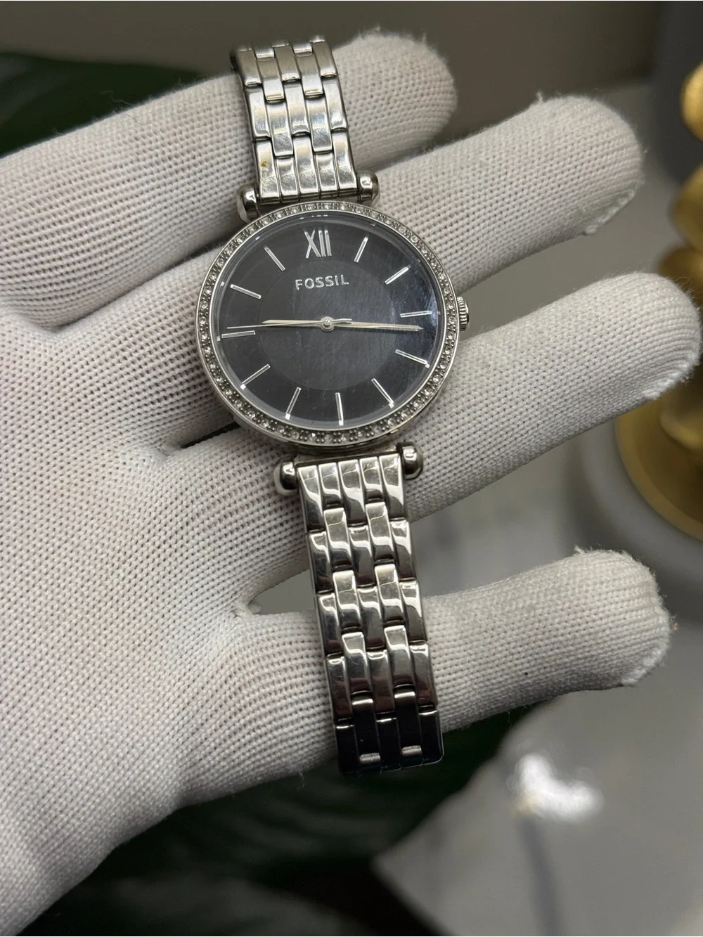 Fossil Women's Silver Stainless Steel Watch with Black Dial
